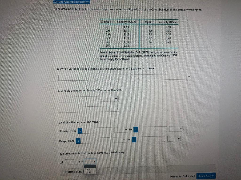 show the depthand corresponding velacity of the Columbia River in the state