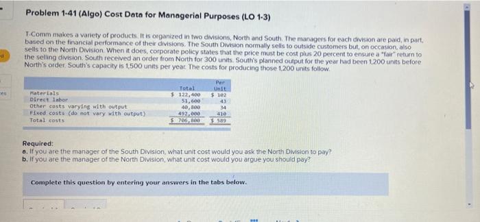 answer fast please. Problem 1-41 (Algo) Cost Data for Managerial Purposes (LO