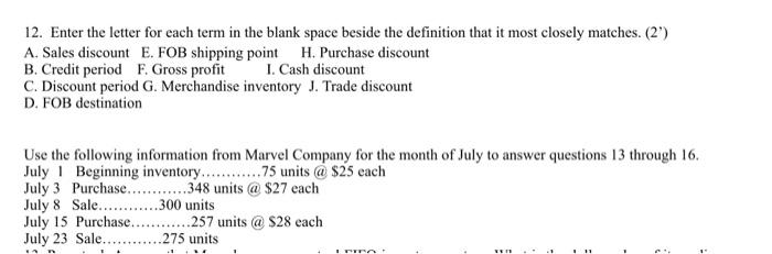 only question number 12 12. Enter the letter for each term