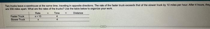 v Two trucis leave a warehouse at the same time, traveling in
