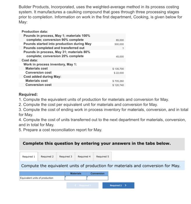  please answer neatly Builder Products, Incorporated, uses the weighted-average method in