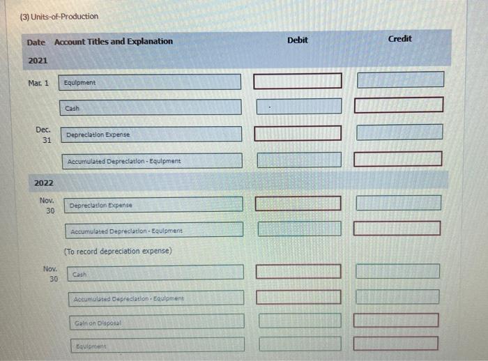 following depreciation methods: (List all debit entries before credit entries. Credit account