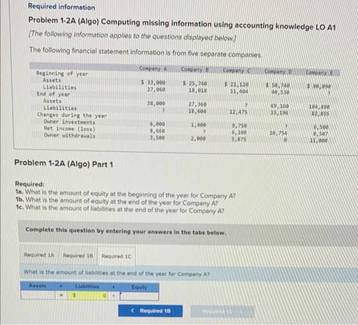 Need help on question 1C. Required information Problem 1-2A (Algo) Computing missing