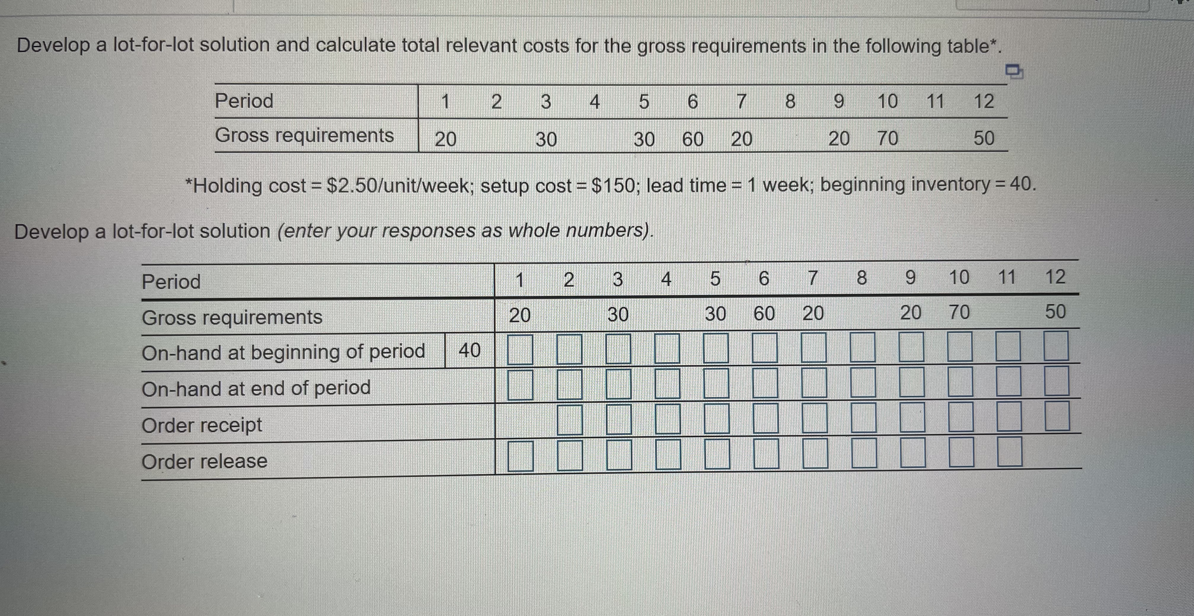 Develop a lot-for-lot solution and calculate total relevant costs for the