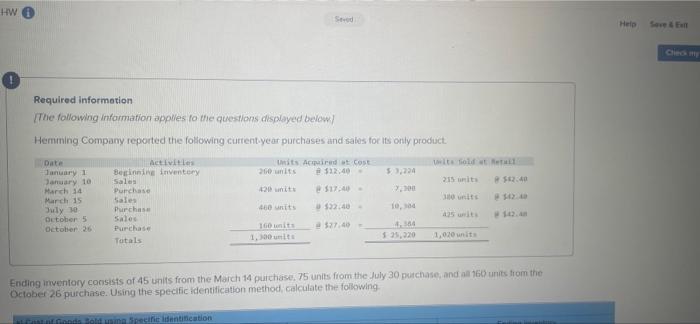 for its only product Data Activities Units Acquired at cost Units Sold