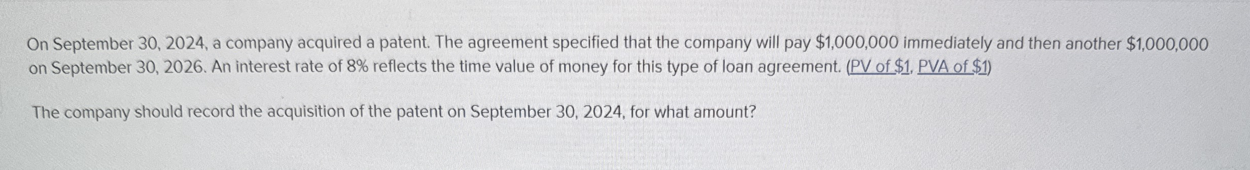  On September 30,2024, a company acquired a patent. The agreement specified