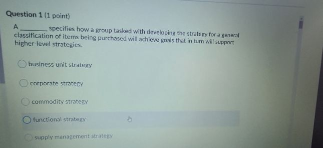 purchasing Question 1 (1 point) A specifies how a group tasked with