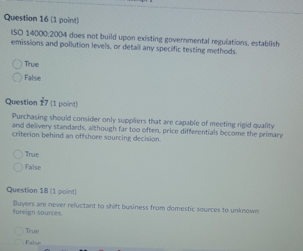 purchasing Question 16 (1 point) ISO 14000:2004 does not build upon existing