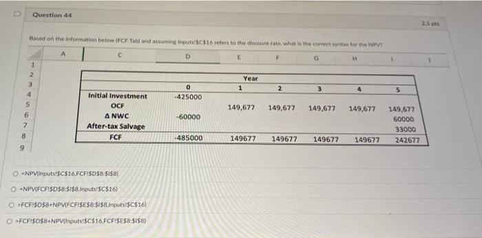 please help Question 44 25 Based on the information below (FCF Tabland