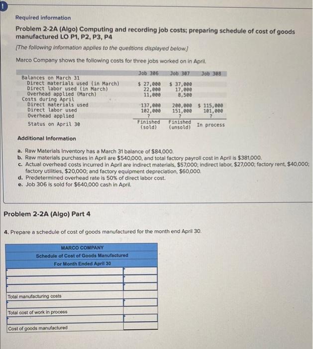  Required information Problem 2-2A (Algo) Computing and recording job costs; preparing