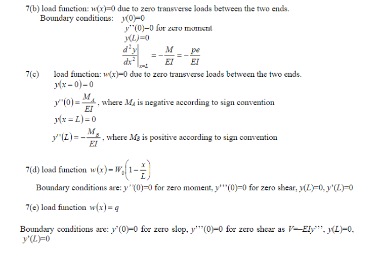 Write the load function w(x) and the boundary conditions for the following