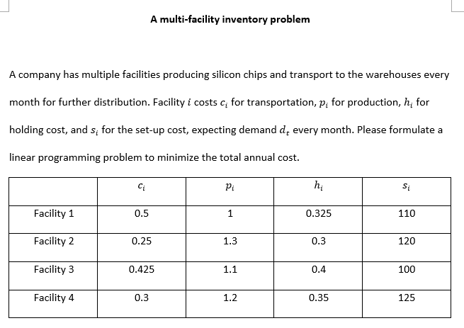 please help me answer this question , thanks ! A multi-Facility inventory