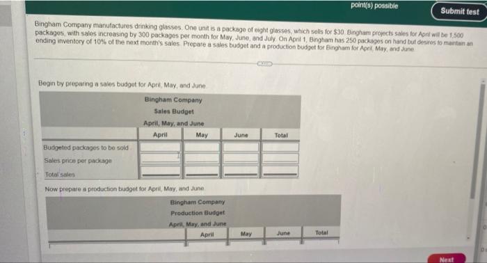 help me ro solve point(s) possible Submit test Bingham Company manufactures drinking