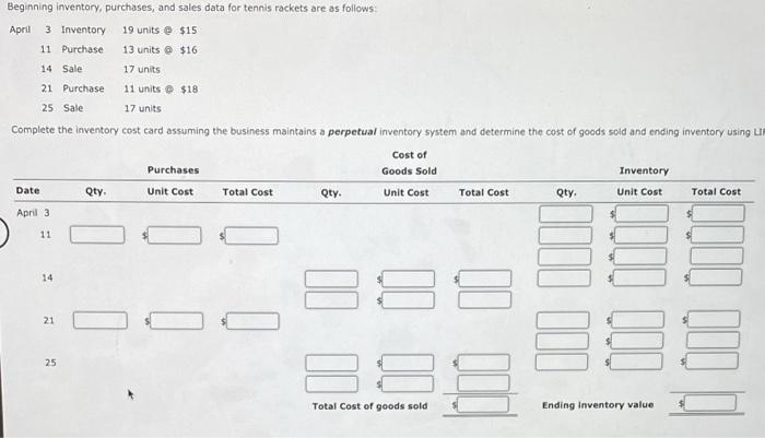 Need help asap! LIFO Beginning inventory, purchases, and sales data for tennis