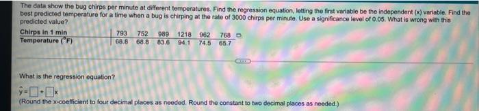 help The data show the bug chirps per minute at different temperatures.