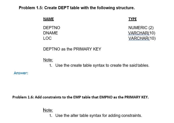 following structure. Name EMPNO ENAME JOB MGR DEPTNO SAL Type INT (6)