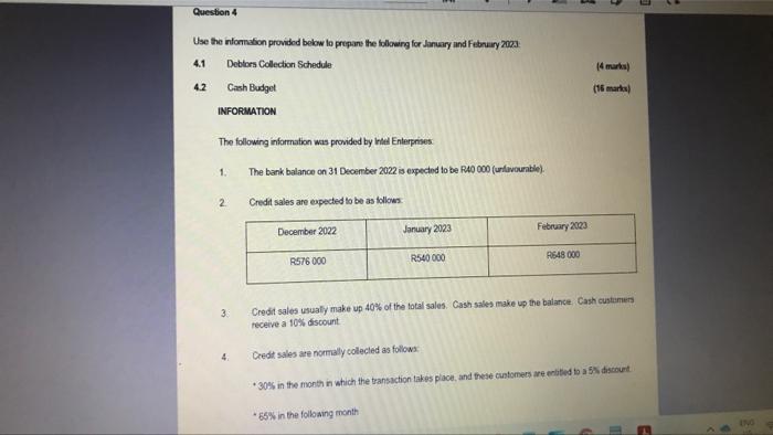 please assist Question 4 Use the information provided below to prepare the