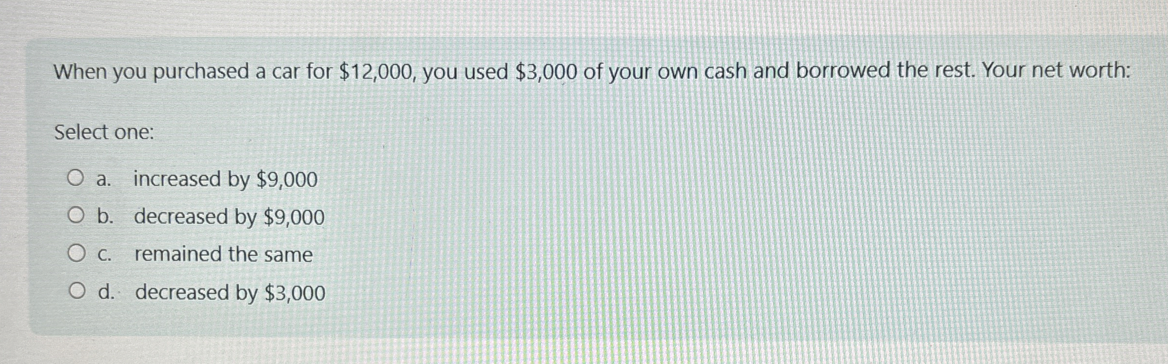  When you purchased a car for $12,000, you used $3,000 of