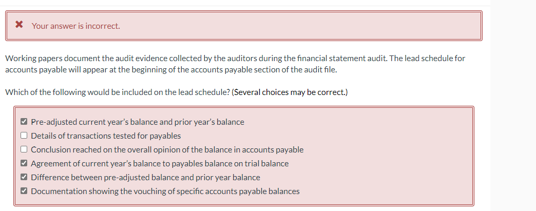 4 answers Your answer is incorrect. Vorking papers document the audit evidence