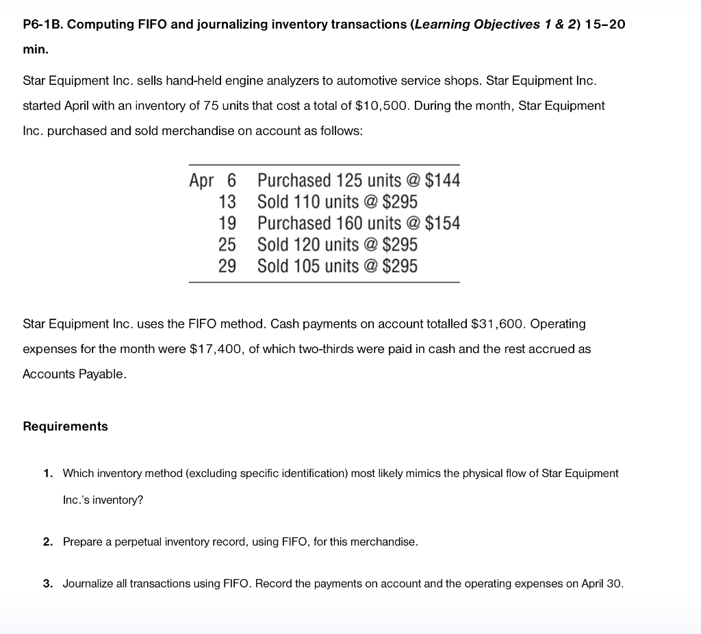 P6-1B. Computing FIFO and journalizing inventory transactions (Learning Objectives 1 \&