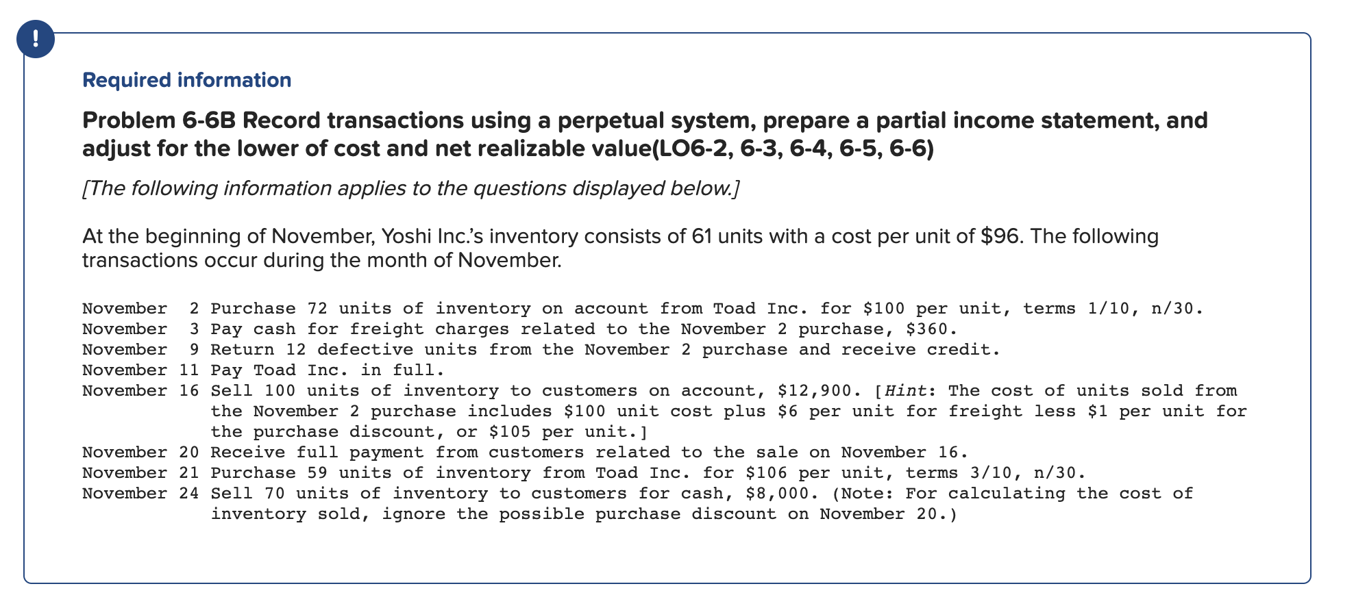 Problem 6-6B Record transactions using a perpetual system, prepare a partial income