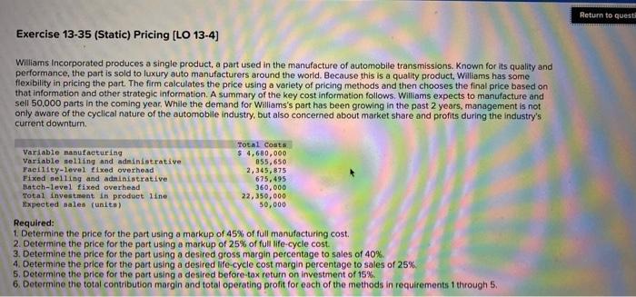 part 6 Return to questa Exercise 13-35 (Static) Pricing [LO 13-4) Williams