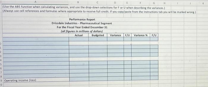 and operating income. Calculate a variance and a variance percentage for each