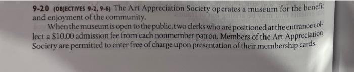 solve question 9-20 9-20 (OBJECTIVES 9-2, 9-6) The Art Appreciation Society operates