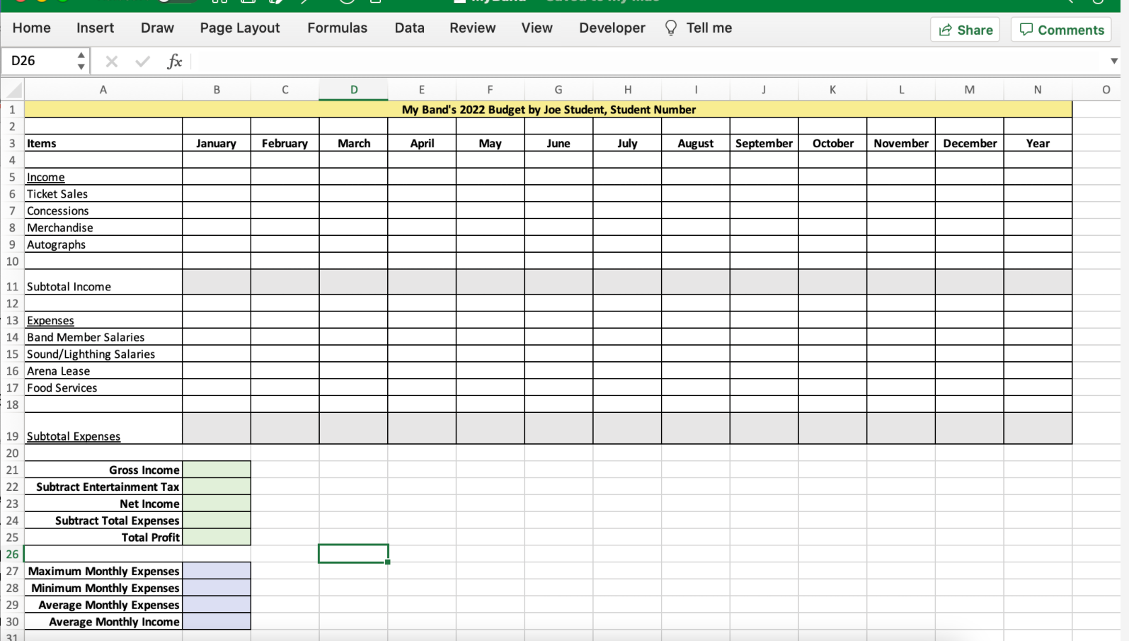 of spreadsheet software, using formulas and functions where appropriate, make a spreadsheet