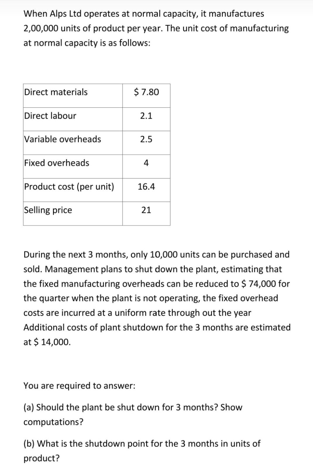  pls Answer quickly When Alps Ltd operates at normal capacity, it