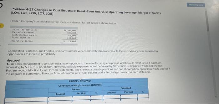 need solution Problem 4-27 Changes in Cost Structure; Break-Even Analysis: Operating Leverage:
