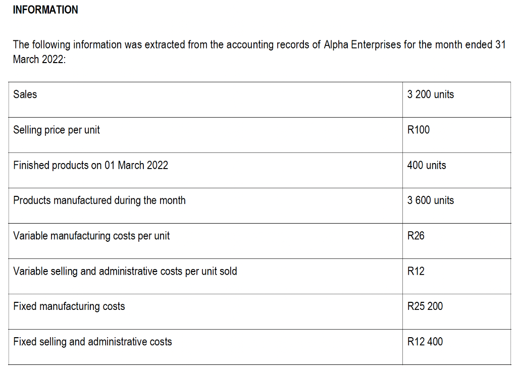 Question 2 Answer the questions from the information provided. 2.1 Use the