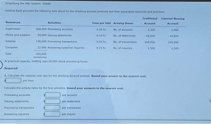 help pls !!! please help! Simplifying the ABC System: TDABC Golding Bank