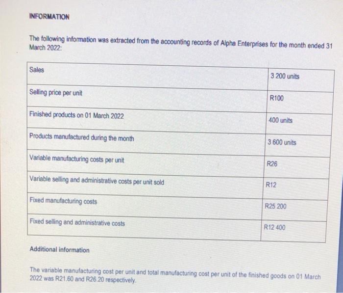 Question 22.1 Use the information given below to prepare the Income Statement