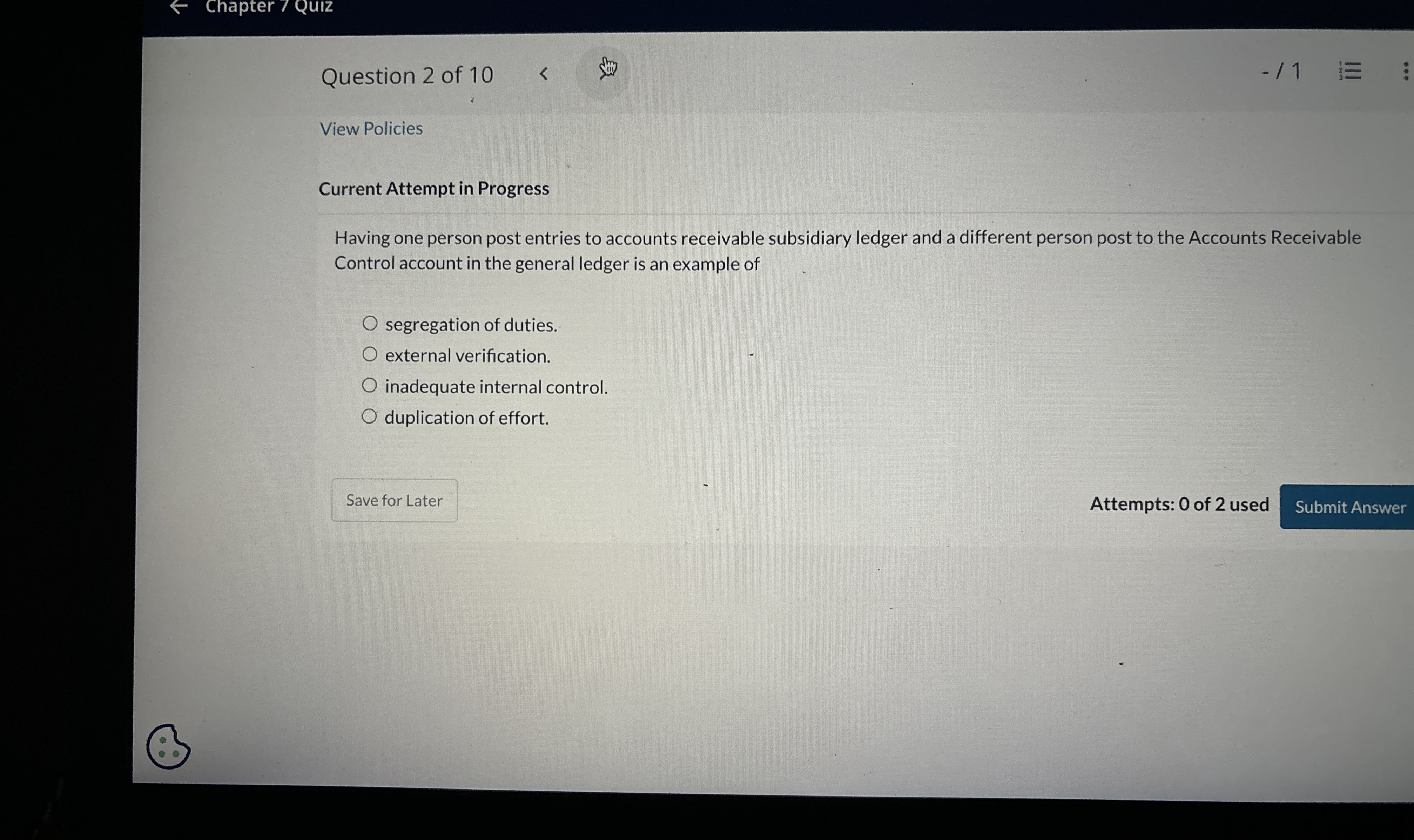  Current Attempt in Progress Having one person post entries to accounts