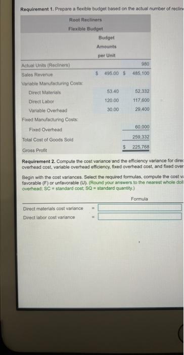 budget based on the actual number of recliners sold. 2. Compute the