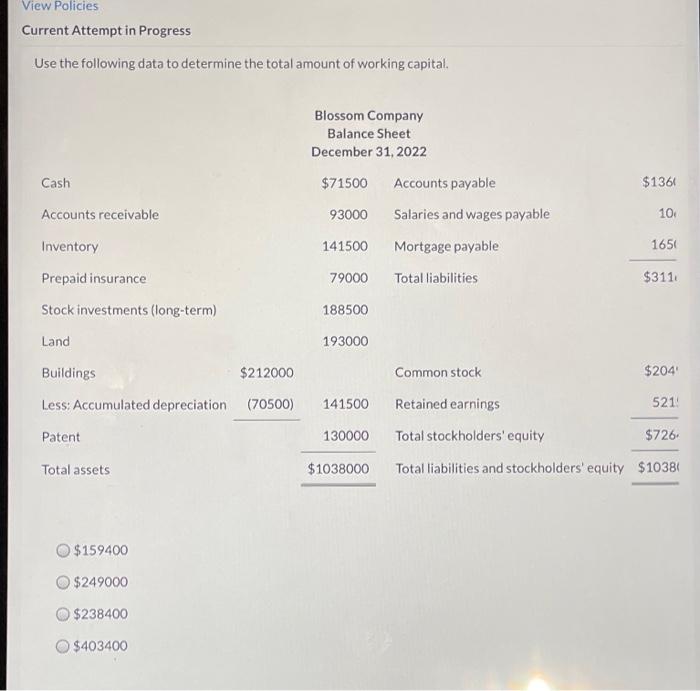 help? View Policies Current Attempt in Progress Use the following data to