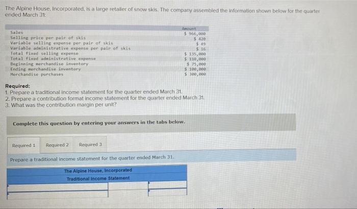 please help asap The Alpine House. Incorporated, is a large retailer of