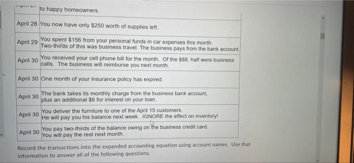 below. April 1 You set up a bank account and acquire a