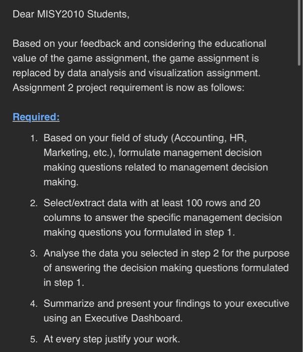 explain the assignment Dear MISY2010 Students, Based on your feedback and considering