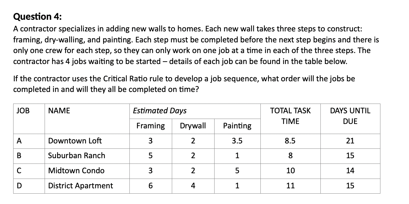  Question 4: A contractor specializes in adding new walls to homes.