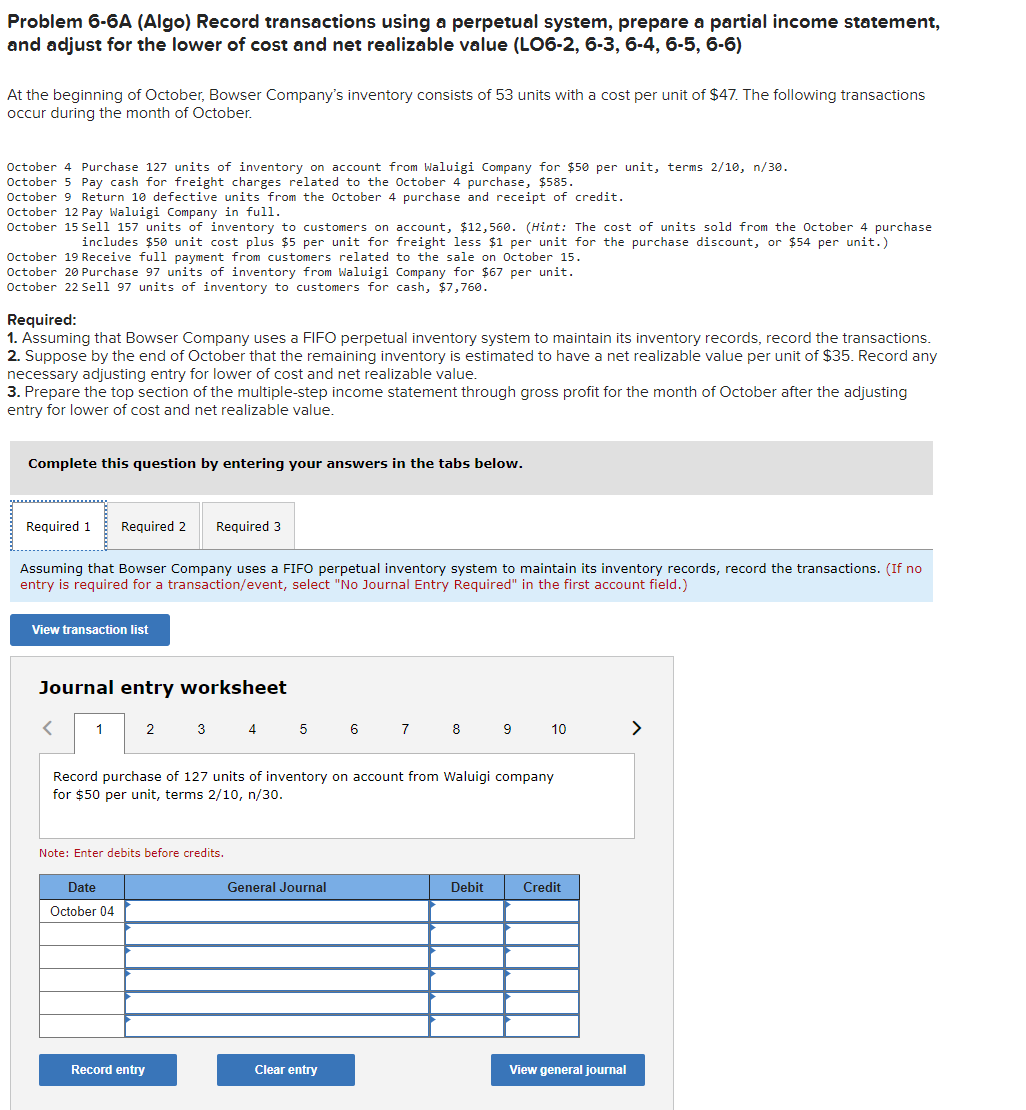  Problem 6-6A (Algo) Record transactions using a perpetual system, prepare a
