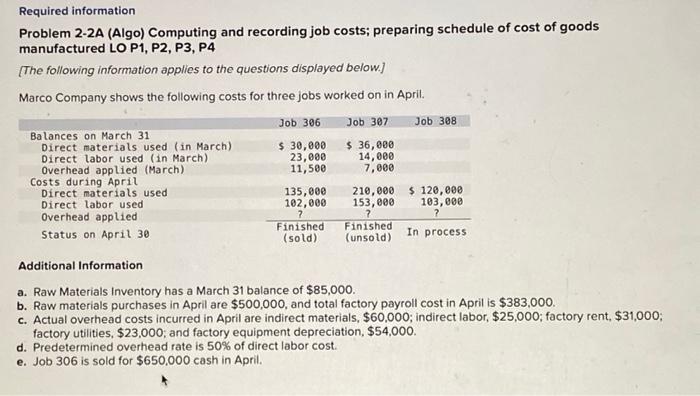journal entry Required information Problem 2-2A (Algo) Computing and recording job costs;