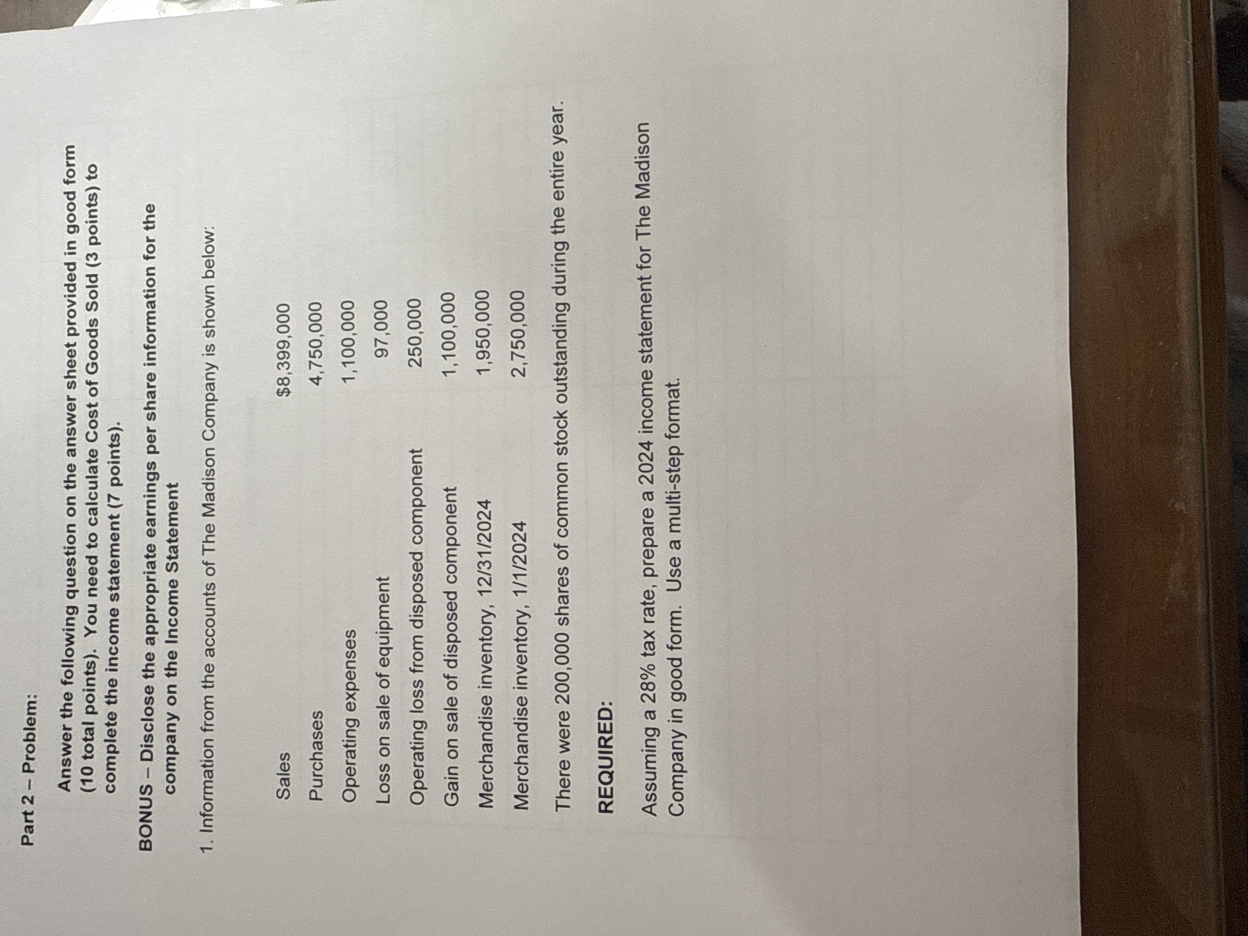  Part 2- Problem: Answer the following question on the answer sheet