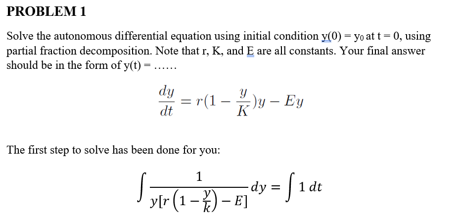 Solve the autonomous differential equation using initial condition y(0)=y0 at t=0,