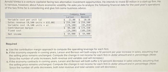 Please help! Arnold Vimka is a venture capitalist facing two alternative investment