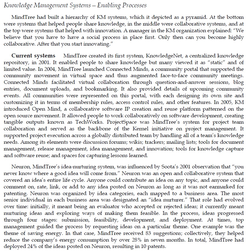 Question: MindTree uses different knowledge management systems and tools such as the
