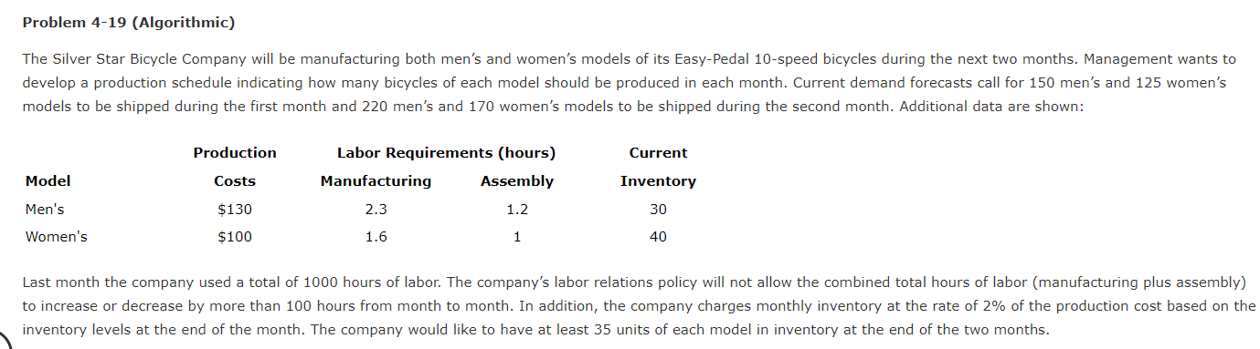 Problem 4-19 (Algorithmic) The Silver Star Bicycle Company will be manufacturing both