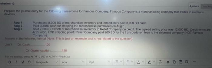 please help "uestion 12 4 points Prepare the journal entry for the