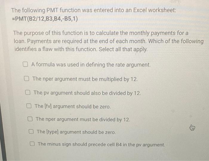 to calculate the value of an investment: =FV(B3,B4,B5,B5,0) The following data was